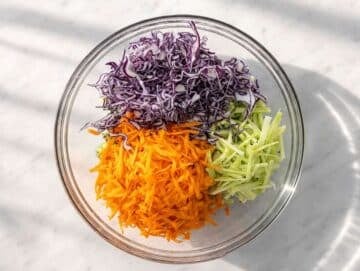 Step 1 Broccoli, carrots, and cabbage in a bowl before adding dressing.