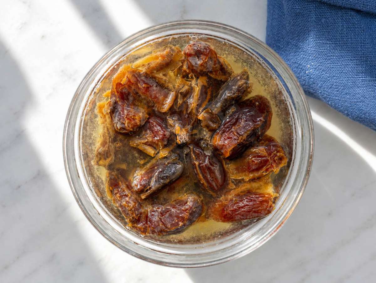 Step 1 Dates soaking in hot water.