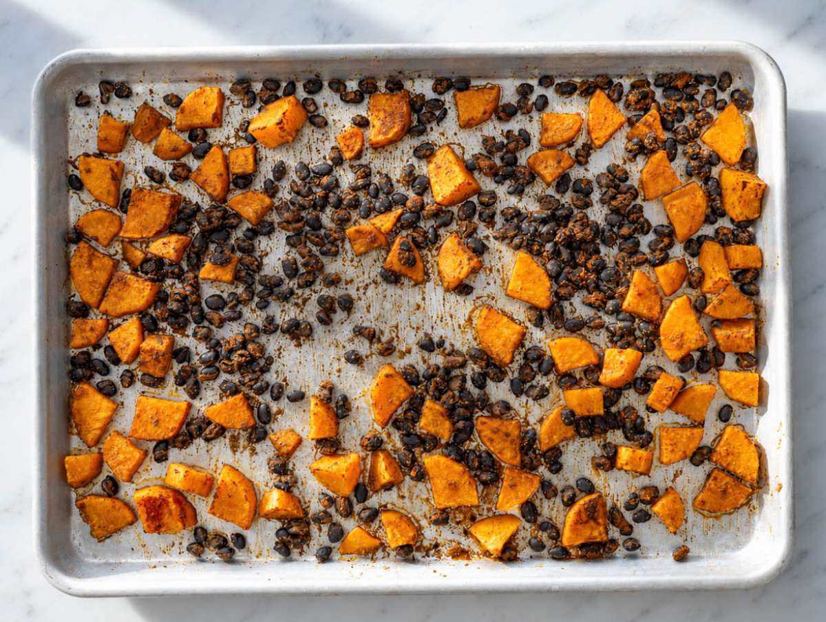 Step 1 Roasted sweet potatoes and black beans turning golden and slightly crisp in the oven.