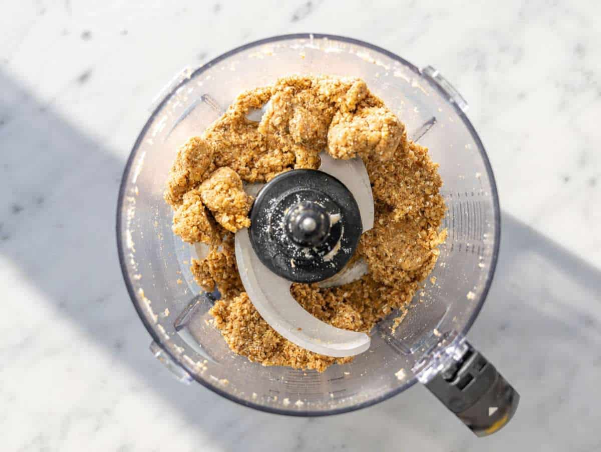 Step 1 Rolled oats, dates, almond flour, and coconut blended in a food processor.