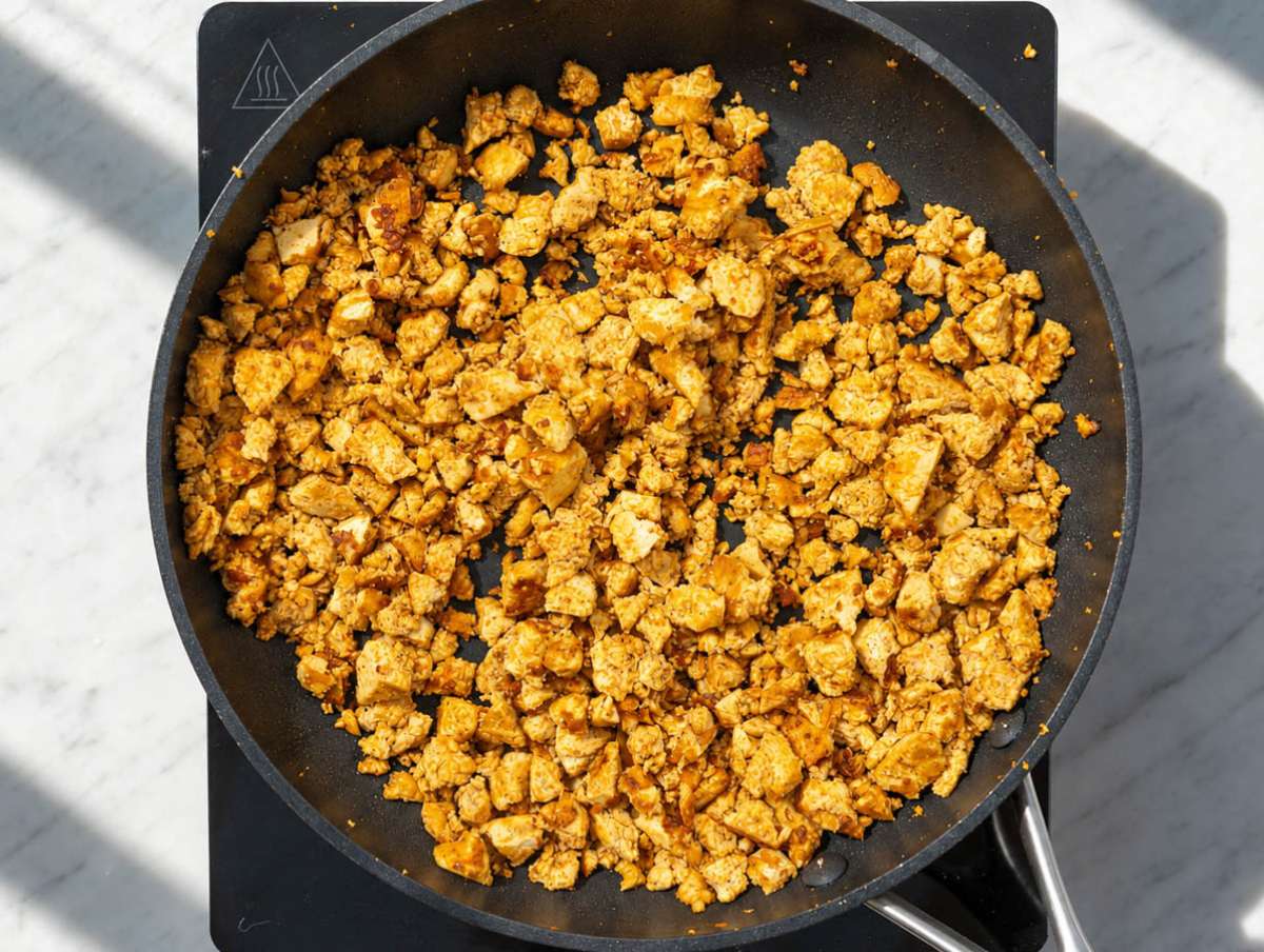 Step 3 Crumbled tofu cooking in a skillet with smoked paprika and soy sauce.