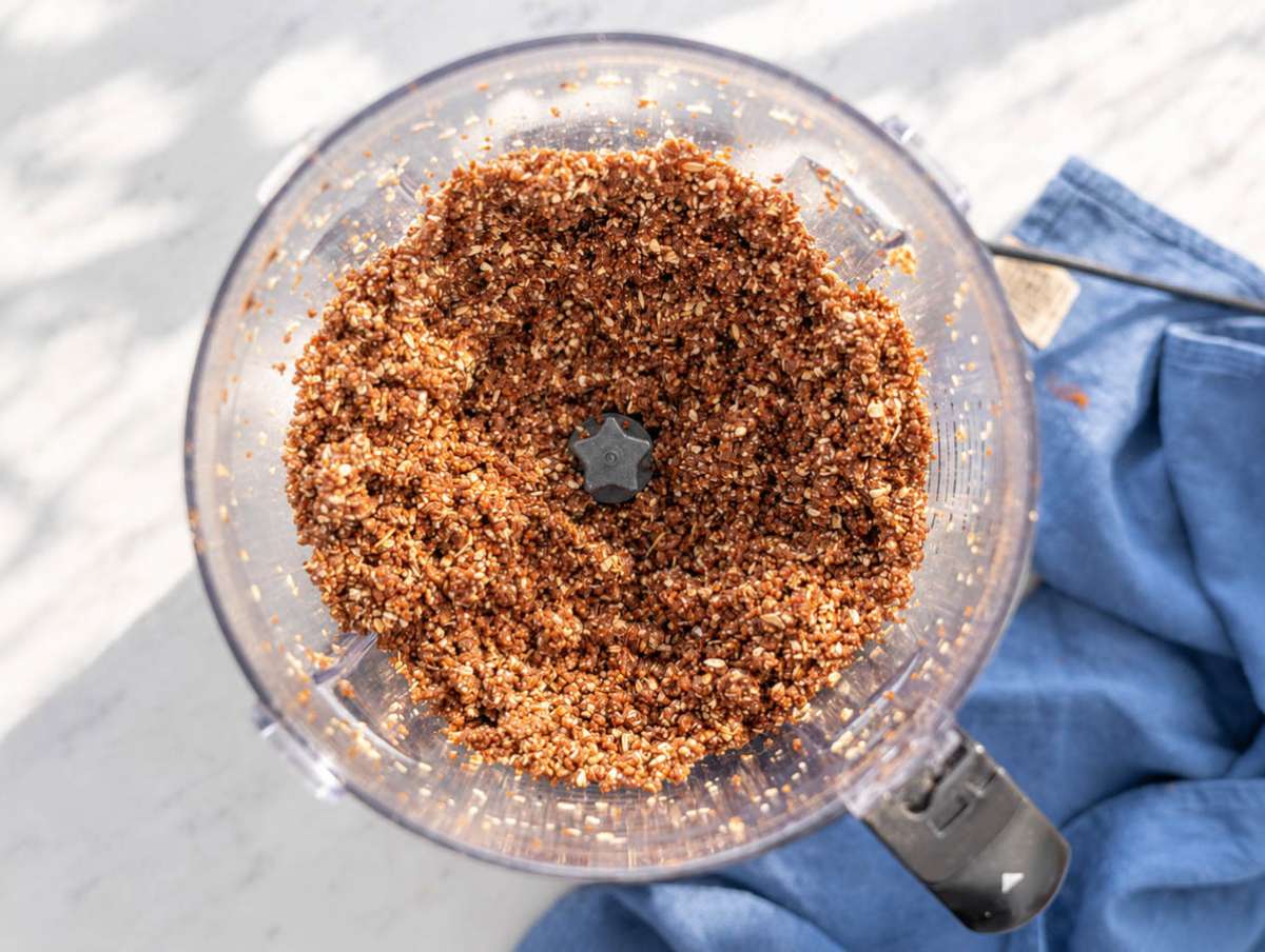 Step 3 Crumbly date energy ball mixture in the food processor.