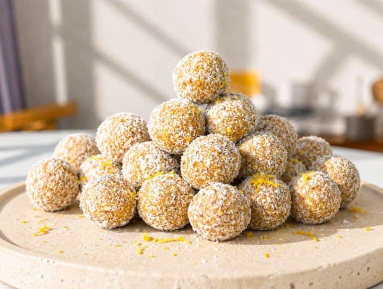 Step 3 Pile of Lemon Energy Balls topped with fresh lemon zest in warm natural window light.