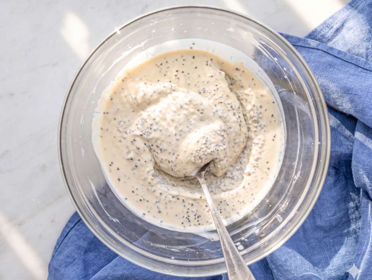 Step 3 Set protein chia pudding stirred in glass bowl with creamy texture visible.