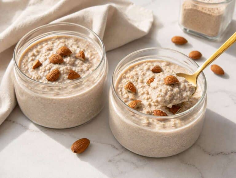Step 3 Two jars of creamy protein overnight oats topped with almonds on a bright marble counter.