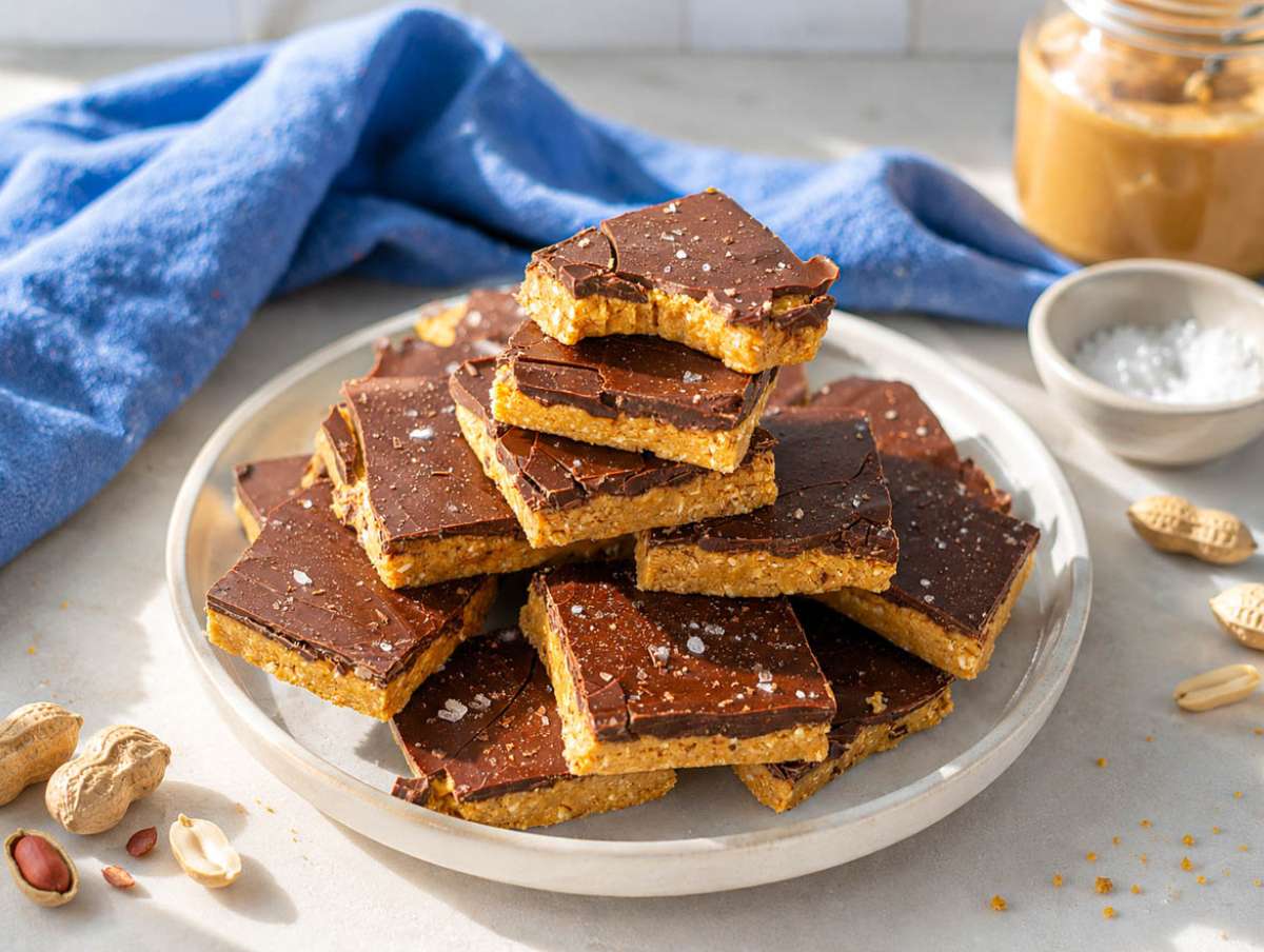 Step-4 Chilled healthy peanut butter bars on a plate.