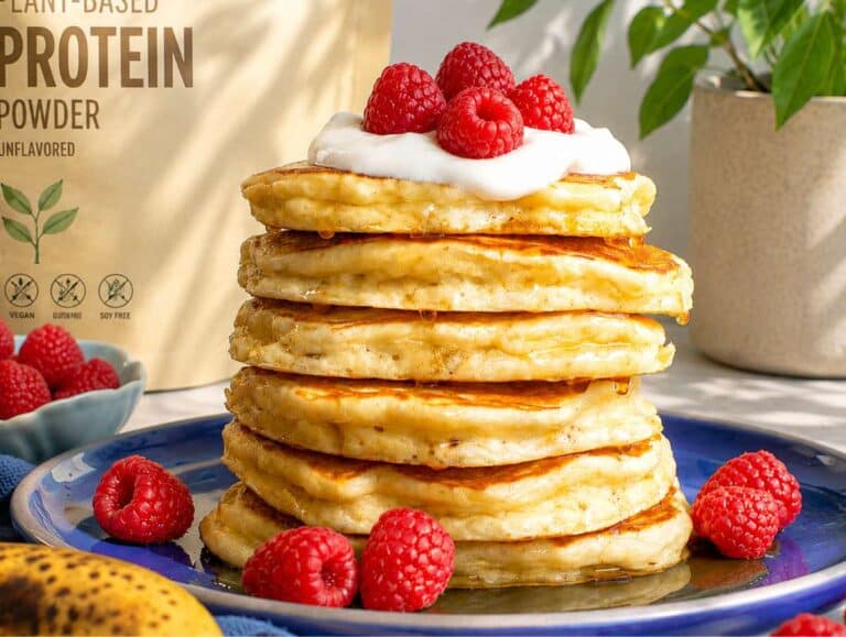 Step 4 Golden protein pancakes stacked on plate with yogurt and raspberries.