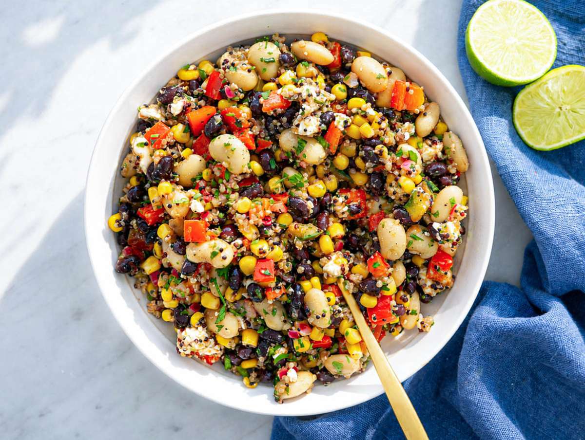 Step 4 Mexican bean salad tossed with dressing in a bowl.