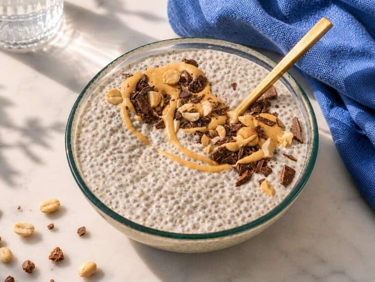 Step 4 Peanut butter chia pudding with chocolate and peanuts on bright marble counter near window light.