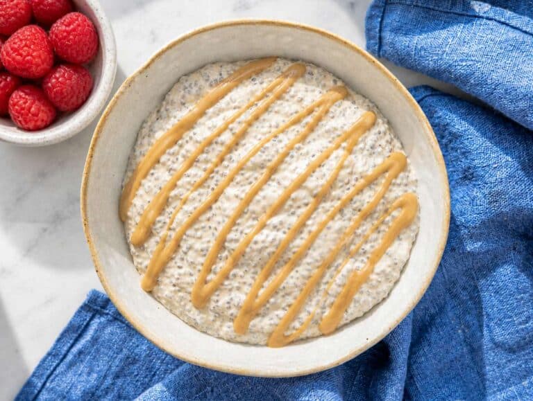 Step 4 Protein chia pudding served into a breakfast bowl with peanut butter drizzle.