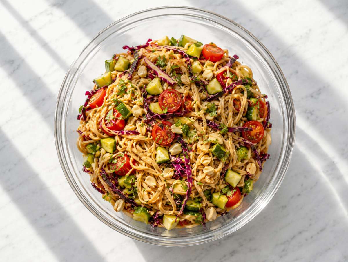 Step 4 Rice noodles tossed with cabbage, cucumber, tomatoes, cilantro, and peanuts.
