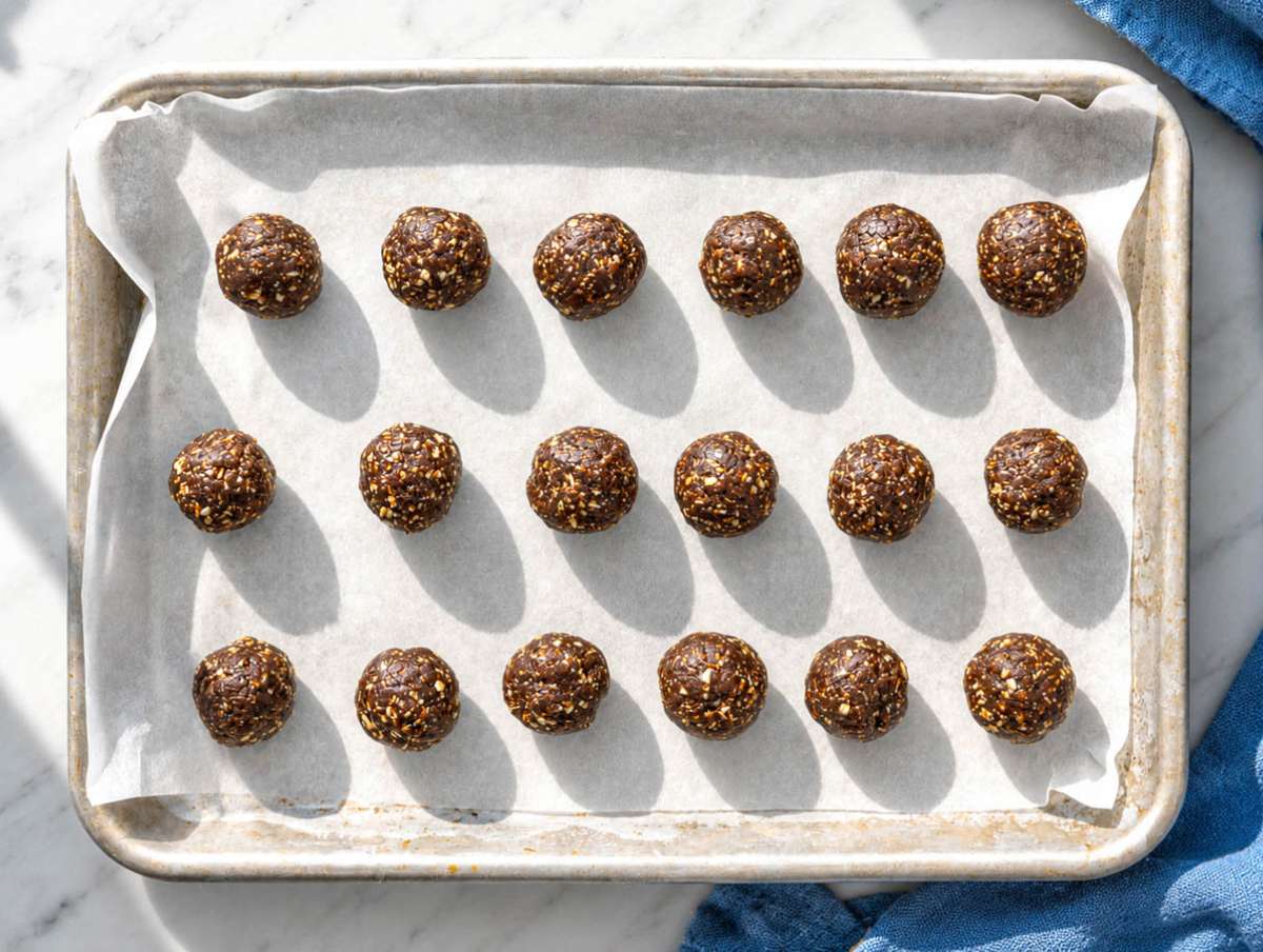 Step 4 Shaped date energy balls on a parchment-lined baking sheet.