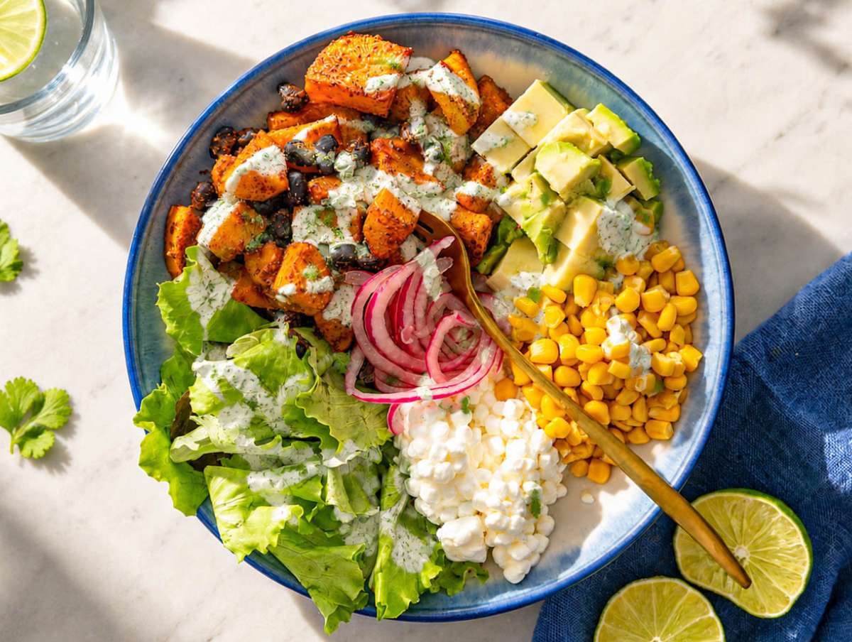 Step 4 Sweet potato black bean bowl drizzled with sauce just before serving.