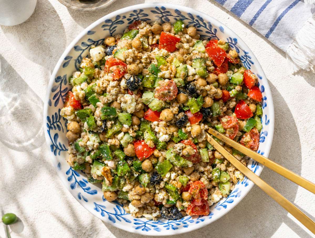 Step 5 Tossing Greek farro salad with feta, olives, chickpeas, and fresh vegetables.