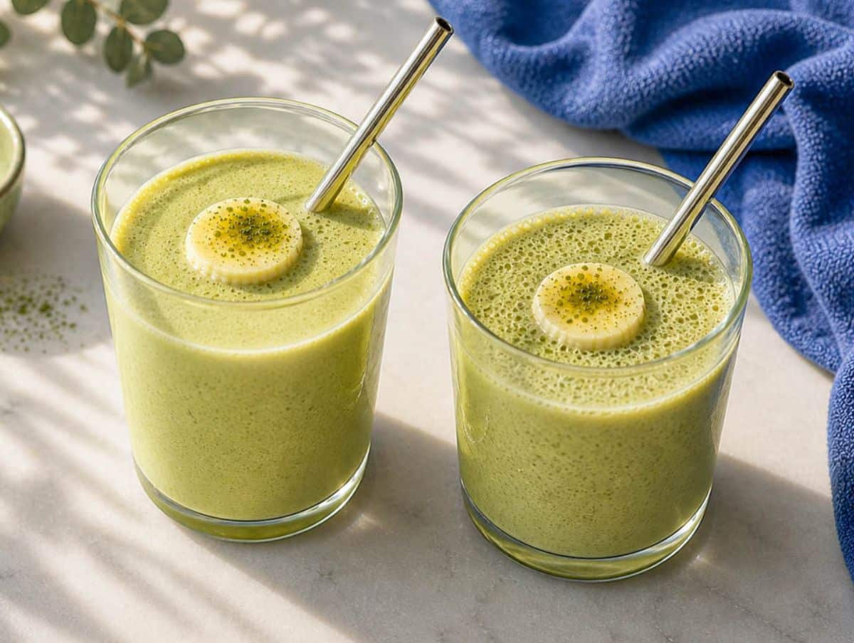 Top view of two matcha smoothies with banana slices, matcha powder bowl and soft shadows.