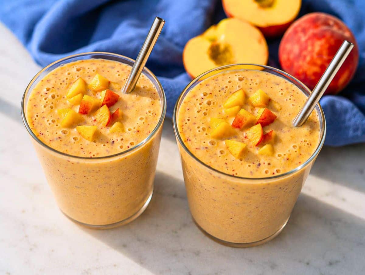 Two creamy peach smoothies topped with fresh peaches on a marble counter in natural sunlight.