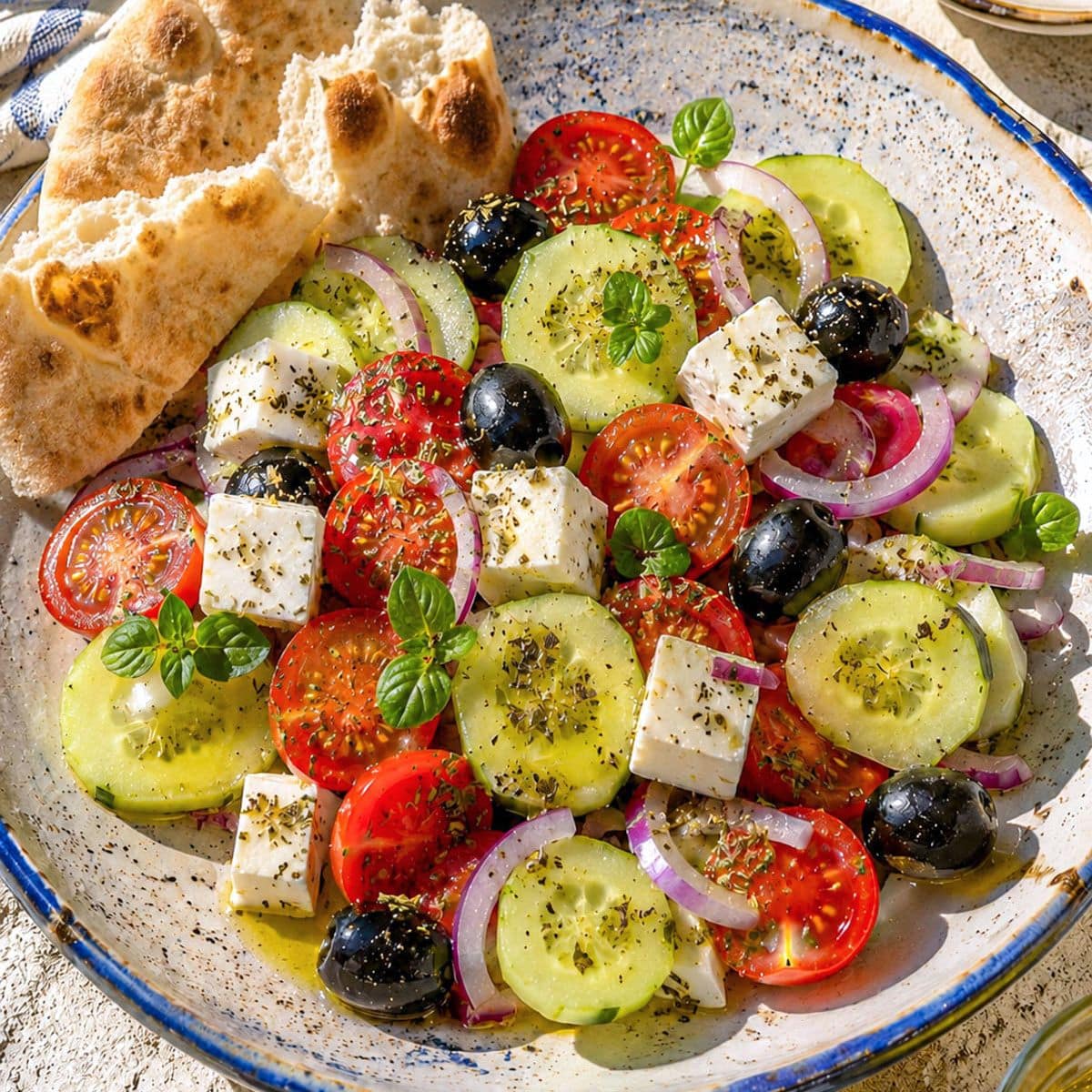 Bowl of Greek cucumber salad with vibrant vegetables and feta on a bright surface.