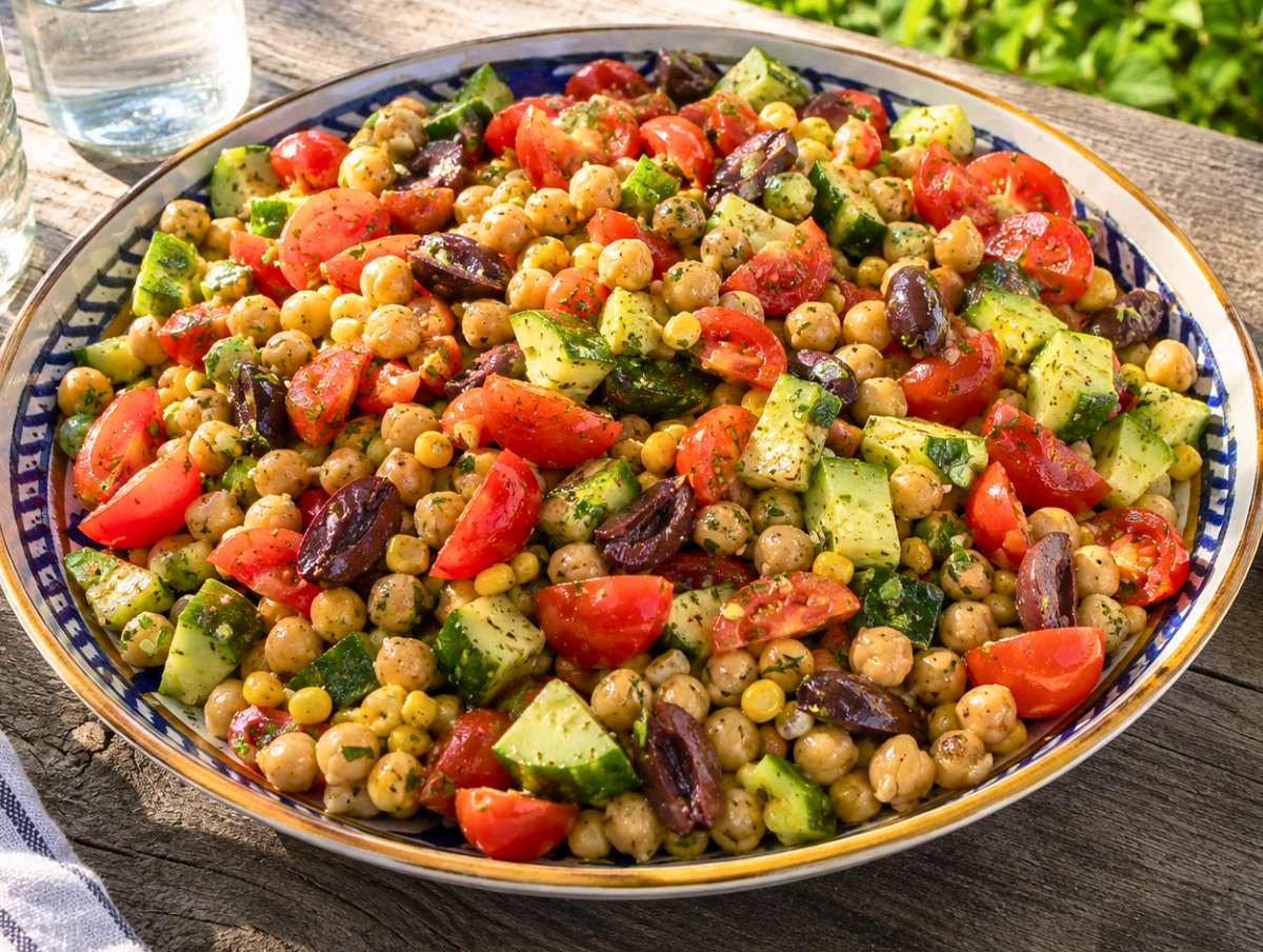 Chickpea cucumber salad served outside.