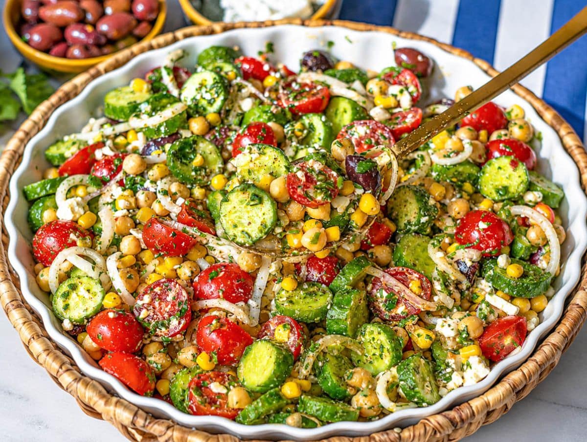 Chimichurri chickpea salad served in a large bowl with fresh vegetables and feta.