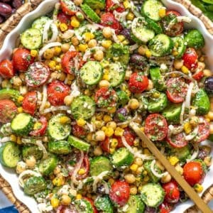 Chimichurri chickpea salad with cucumber and crumbled feta.
