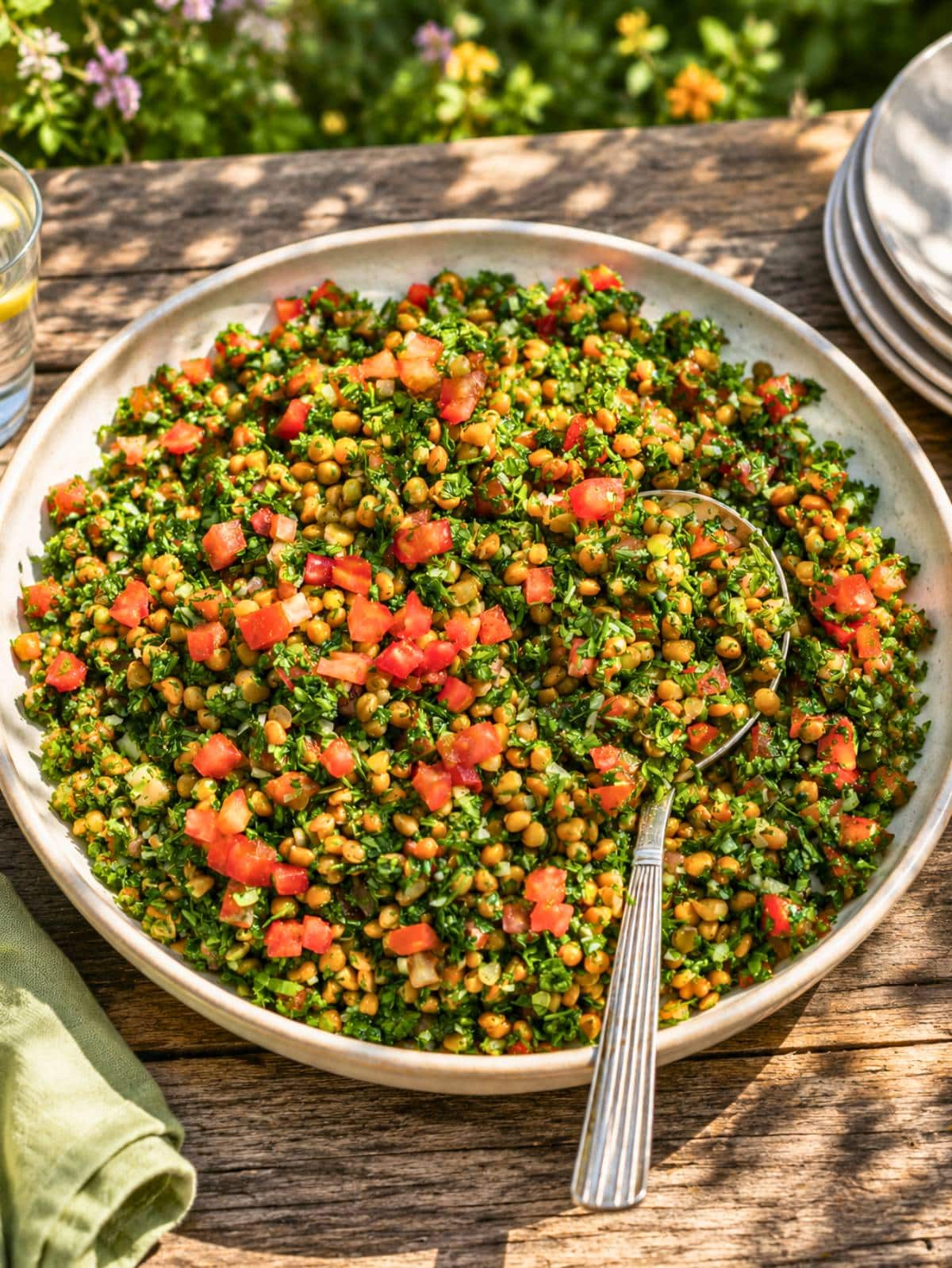 A large bowl of fresh chopped lentil salad with tomatoes and herbs on a rustic wooden table in the sun.