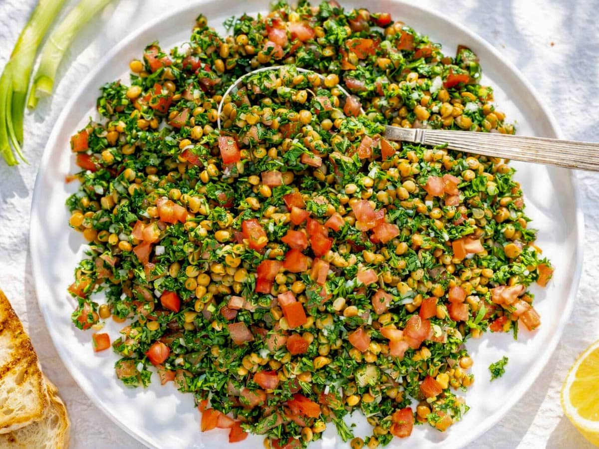 Chopped lentil salad with sunlight.