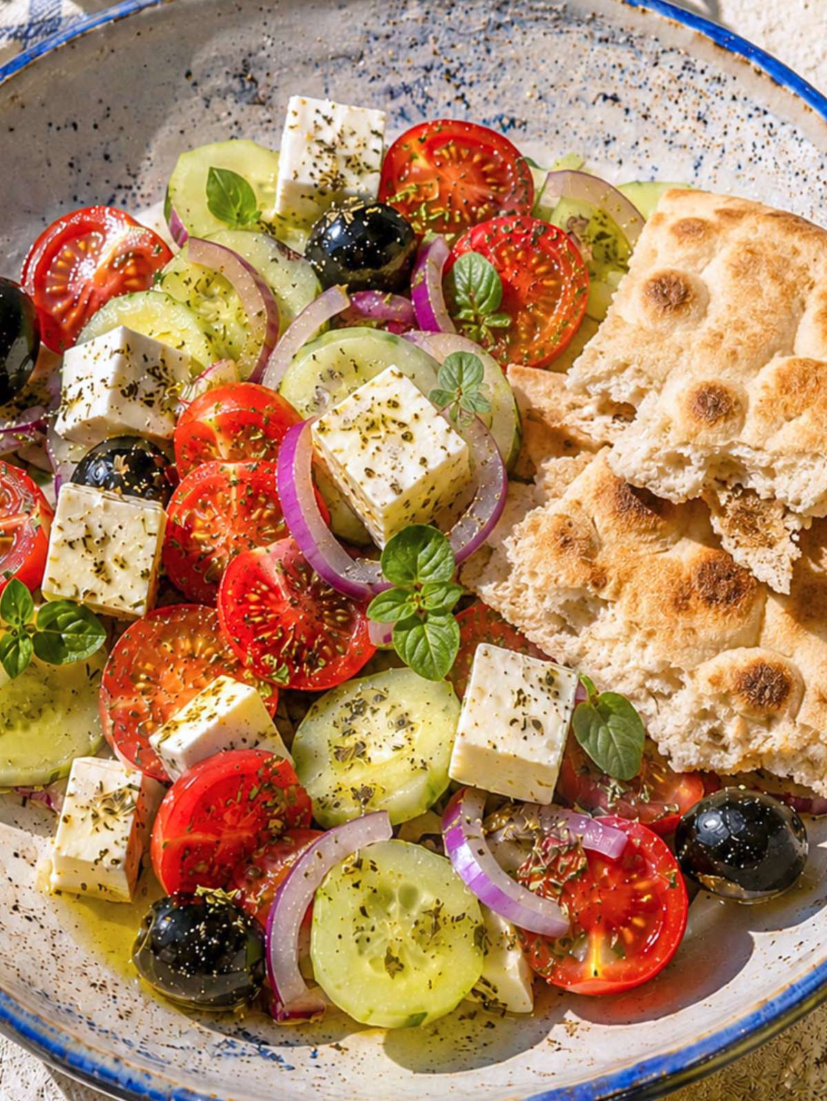 Close-up of Greek cucumber salad with crisp cucumbers, feta crumbles, and fresh dill.