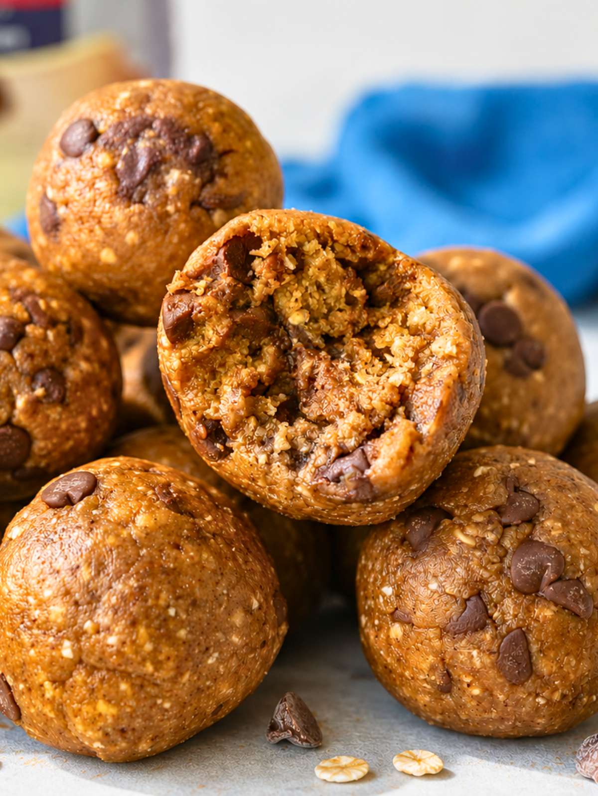 Close-up of cookie dough energy bite showing soft oat texture and chocolate chips.