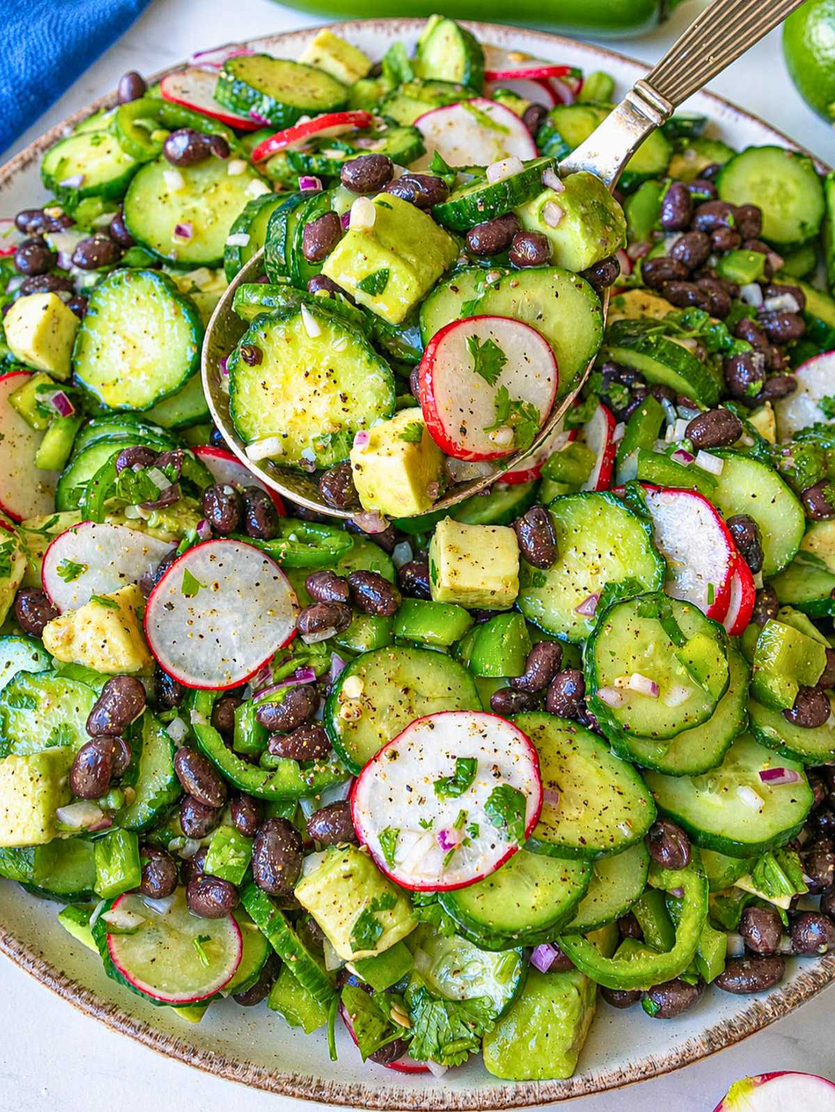 Close-up of crisp cucumbers, creamy avocado, and fresh cilantro.