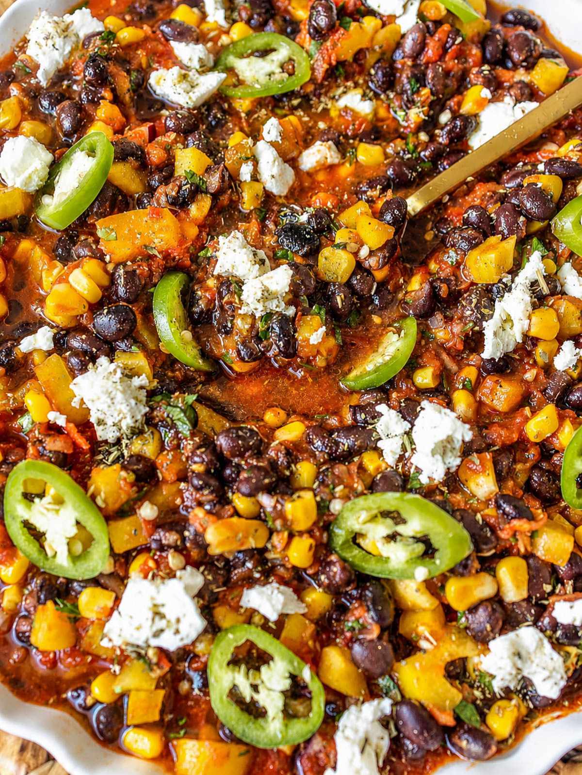 Close-up of no cook chili in fresh tomato dressing.