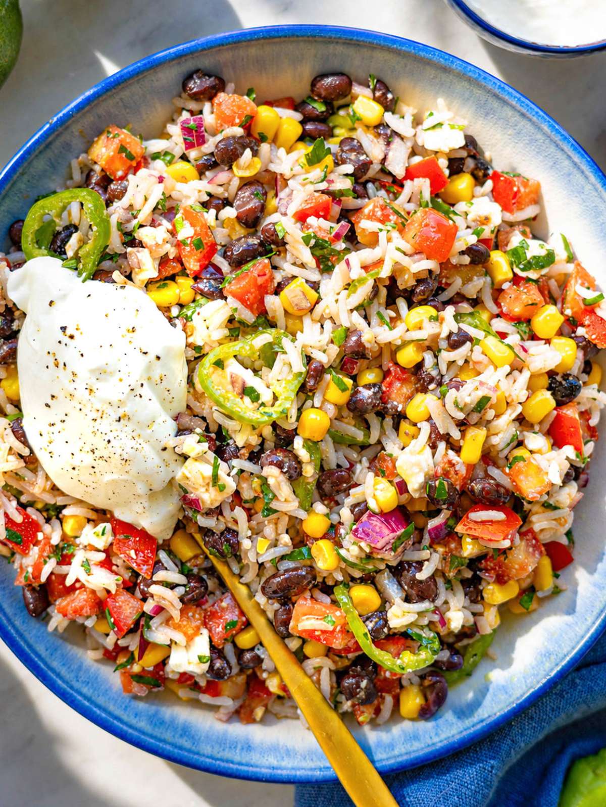 Close-up of rice, beans, and feta topped with greek yogurt.
