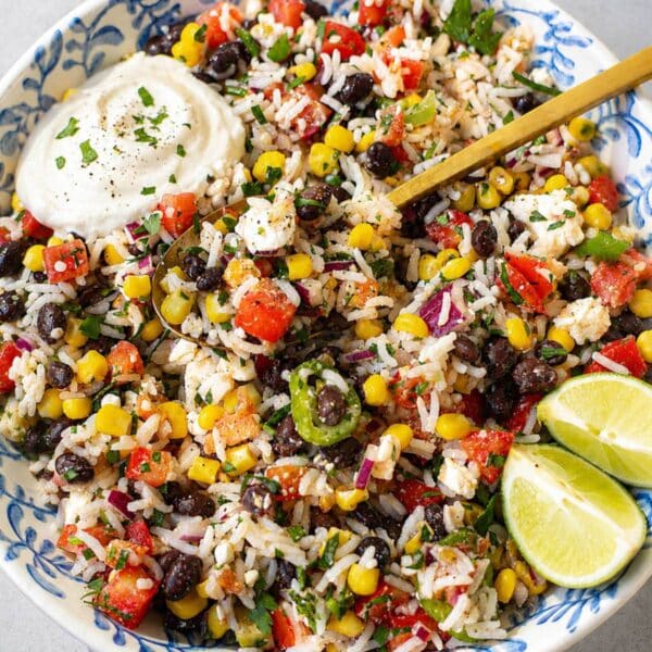 Colorful rice bowl topped with Greek yogurt.