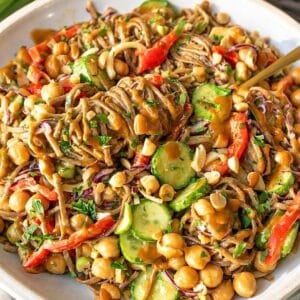 Colorful soba noodle salad tossed in creamy peanut dressing.