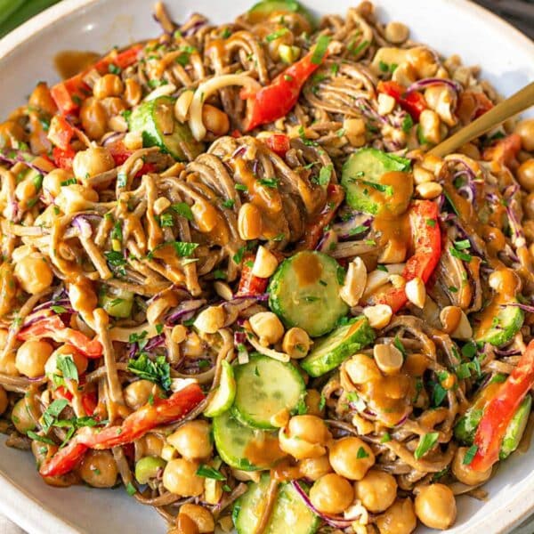 Colorful soba noodle salad tossed in creamy peanut dressing.