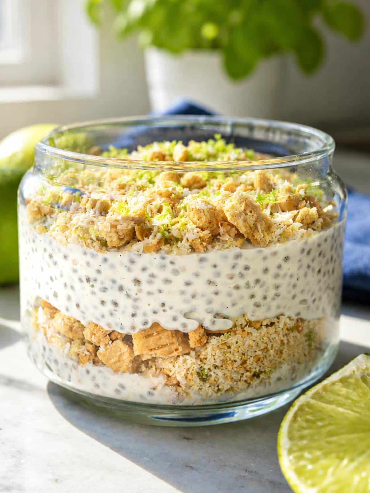 Creamy key lime pie chia pudding topped with graham cracker crumble.