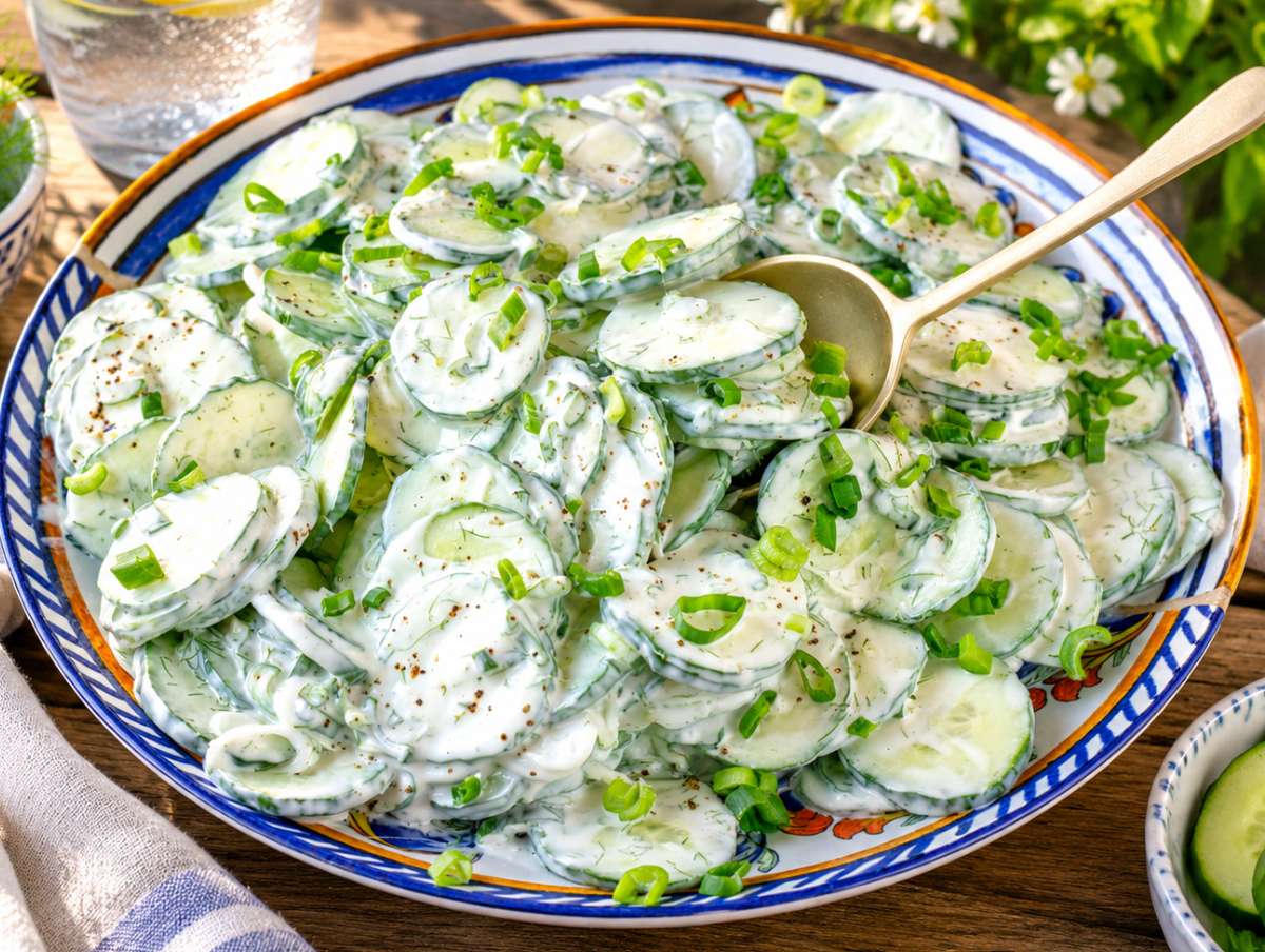 Greek yogurt cucumber salad served outside with lemonade.
