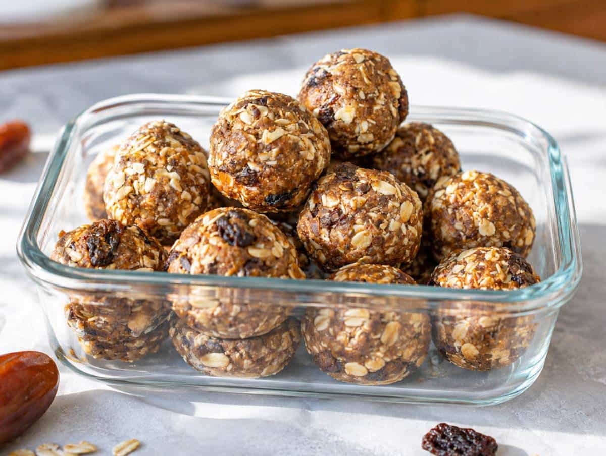 Homemade energy balls with raisins in a glass container.