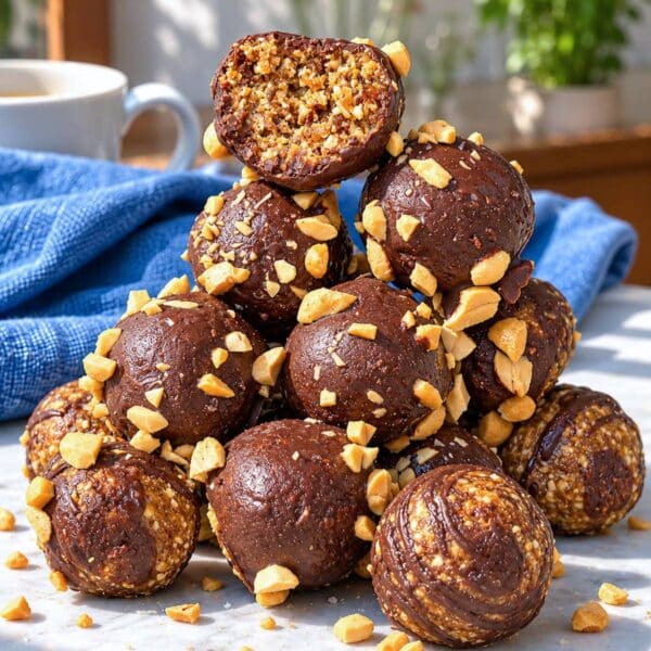 Homemade snickers energy balls on marble countertop.