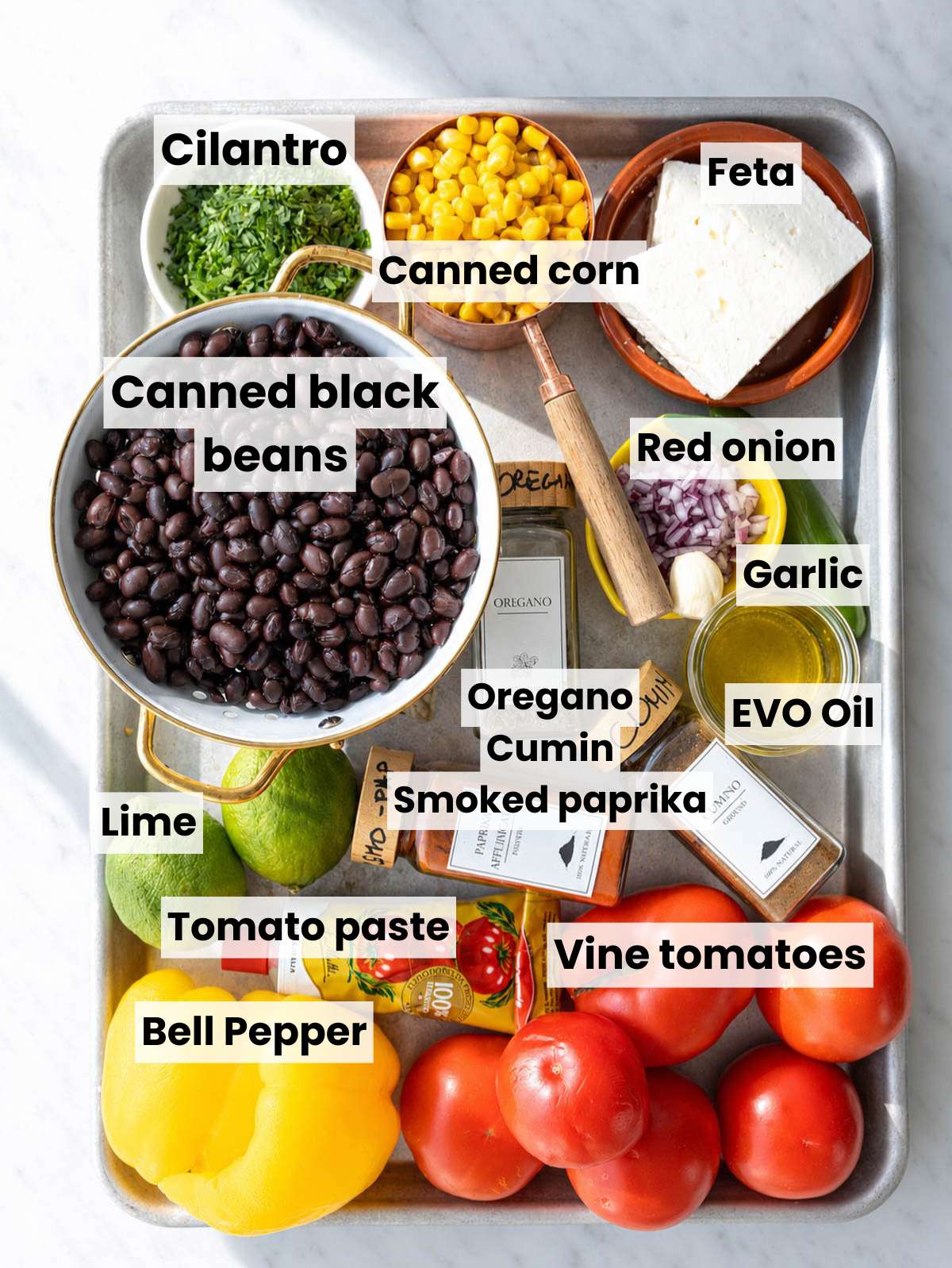Ingredients for no cook chili with feta and beans.