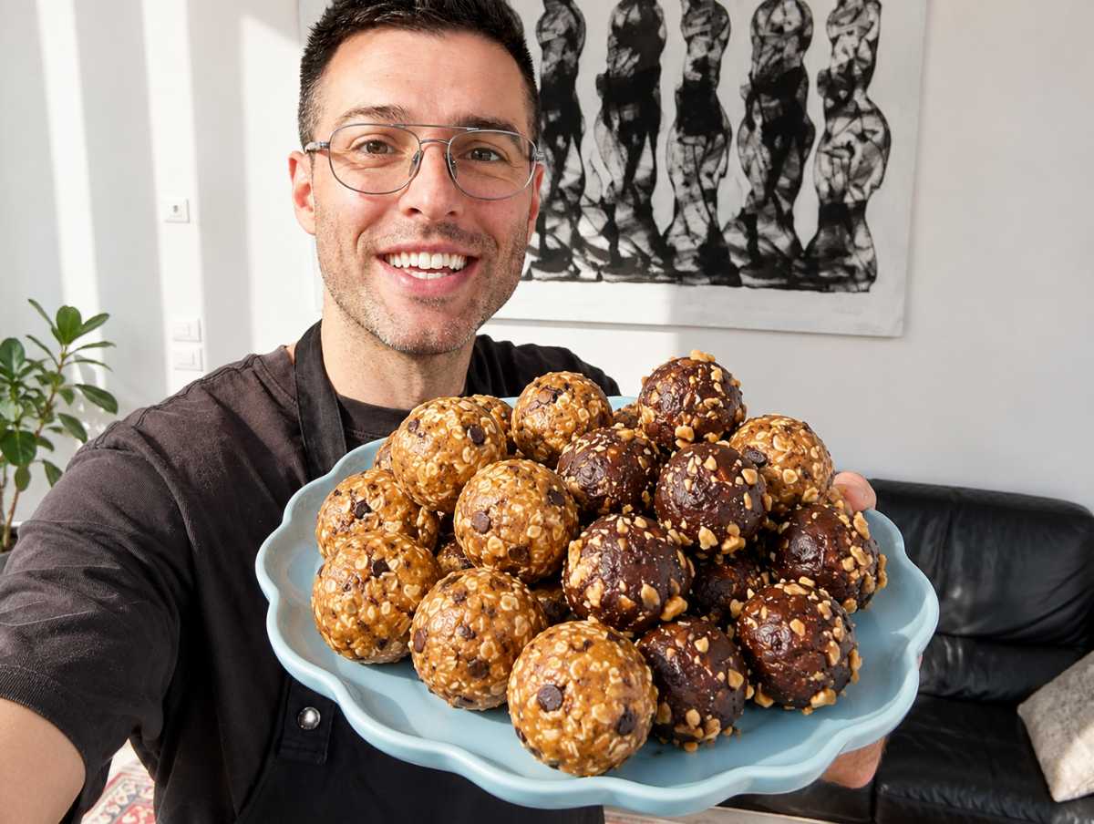 Nico holding a platter of mixed energy balls