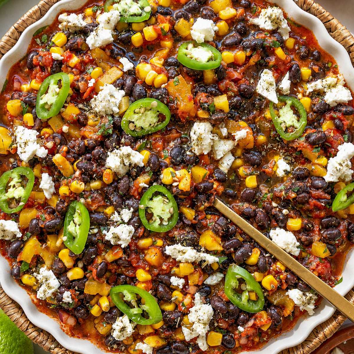 No cook chili served with feta and cilantro and a spoon.