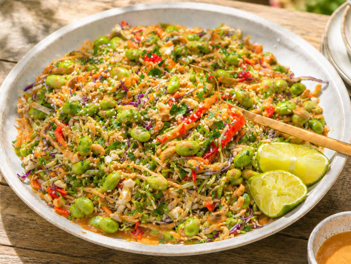 Asian cabbage salad with peanut dressing in the sun.