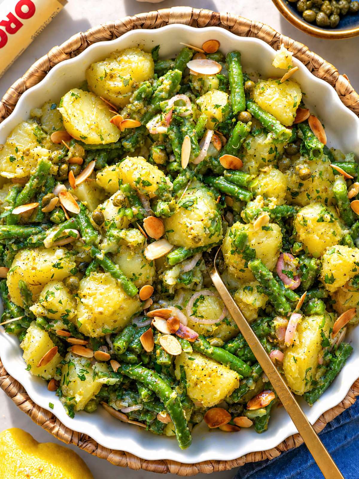 Piccata potato salad with green beans and capers.