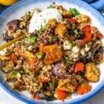Roasted tofu shawarma bowl with lemon and parsley.
