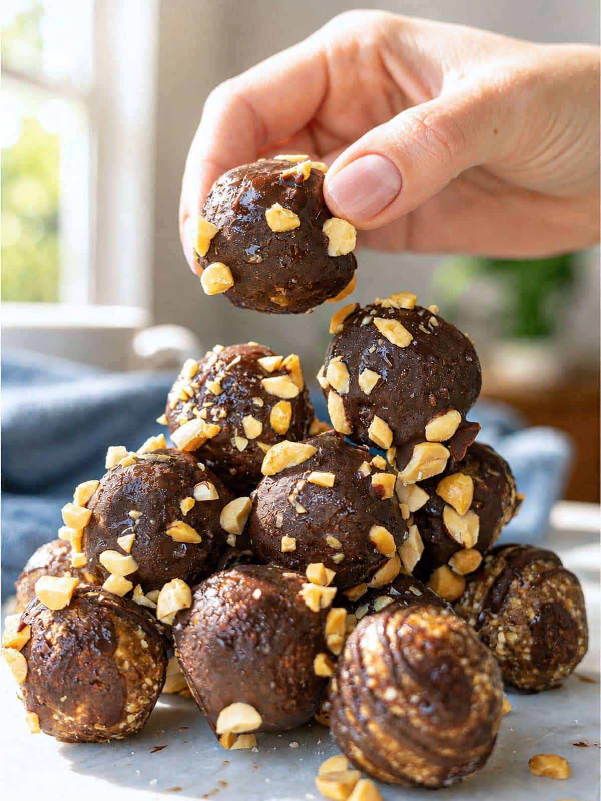 Snickers energy balls with chocolate drizzle and a female hand.
