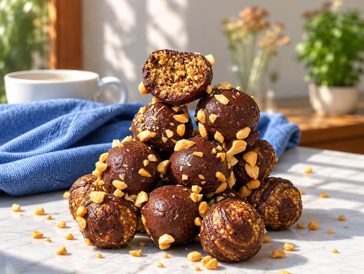 Stack of snickers energy balls by a window.