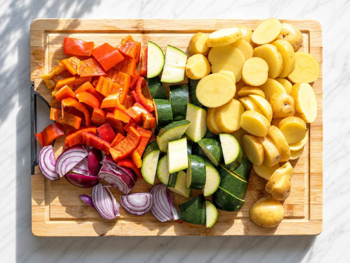 Step 1 Sliced potatoes, zucchini, peppers, and onions on a marble countertop.