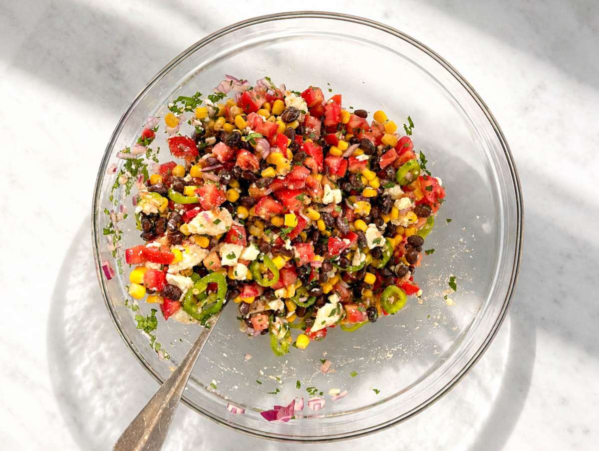 Step 2 Black beans, corn, and feta added.
