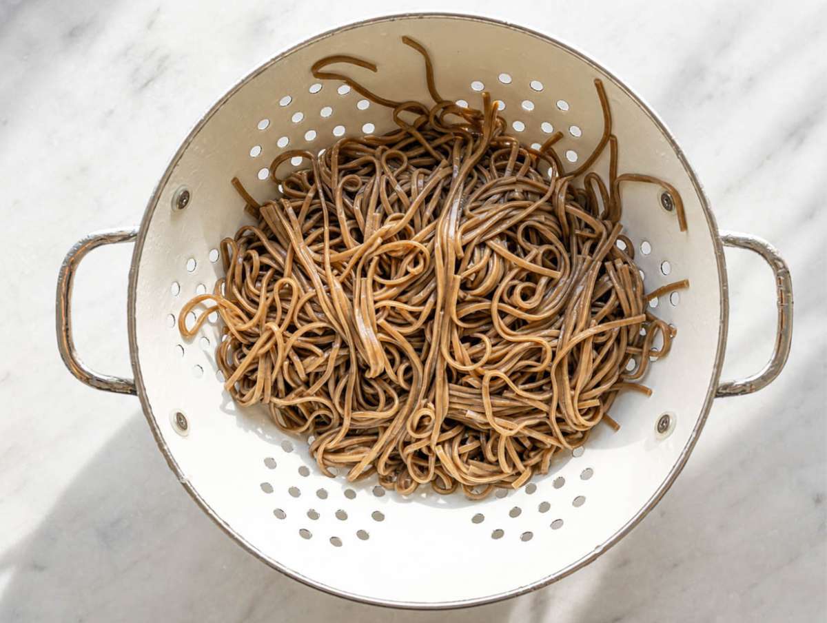 Step 2 Cooked soba noodles rinsed under cold running water.