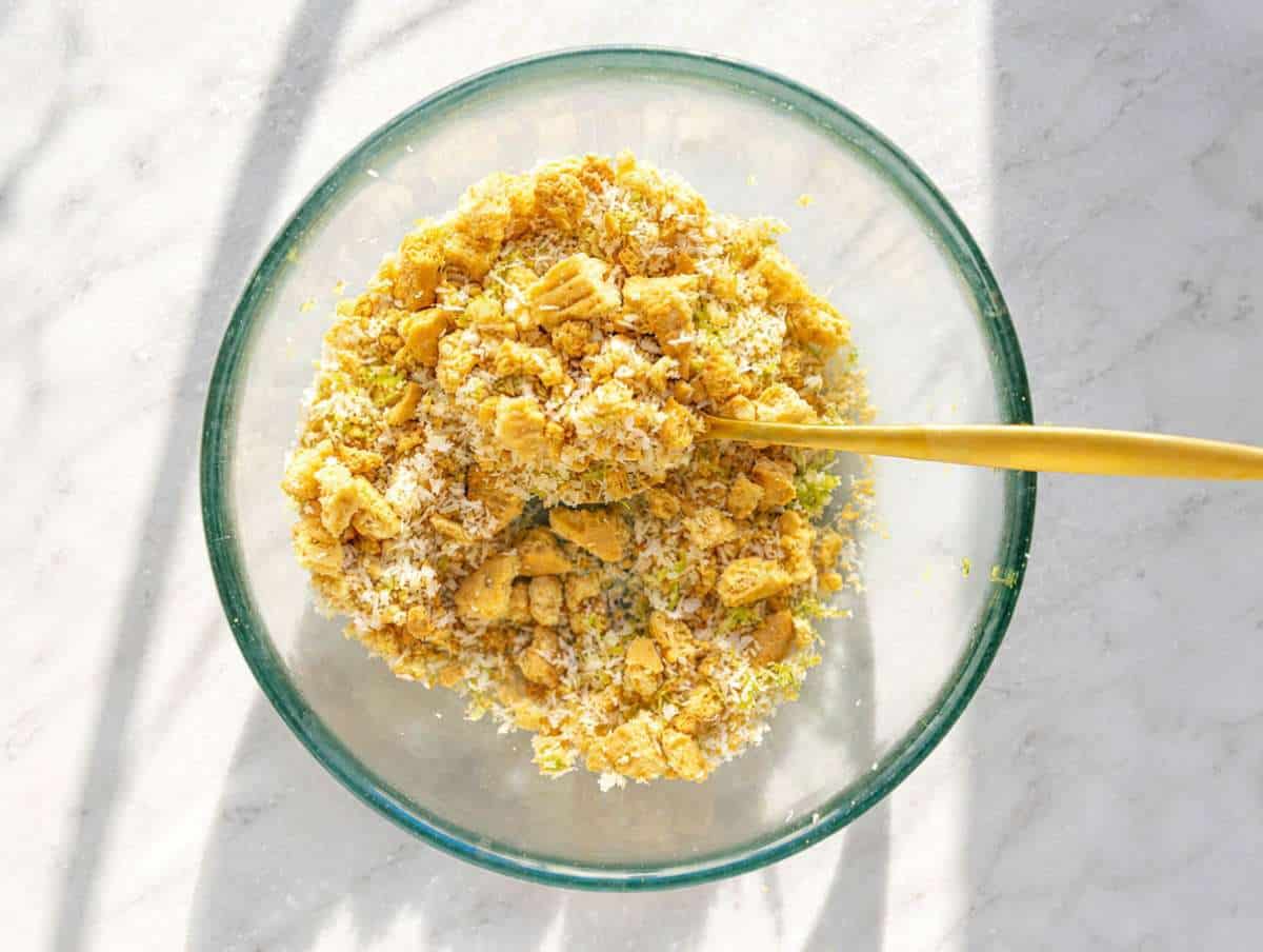 Step 2 Graham cracker crumble mixed with coconut and fresh lime zest.